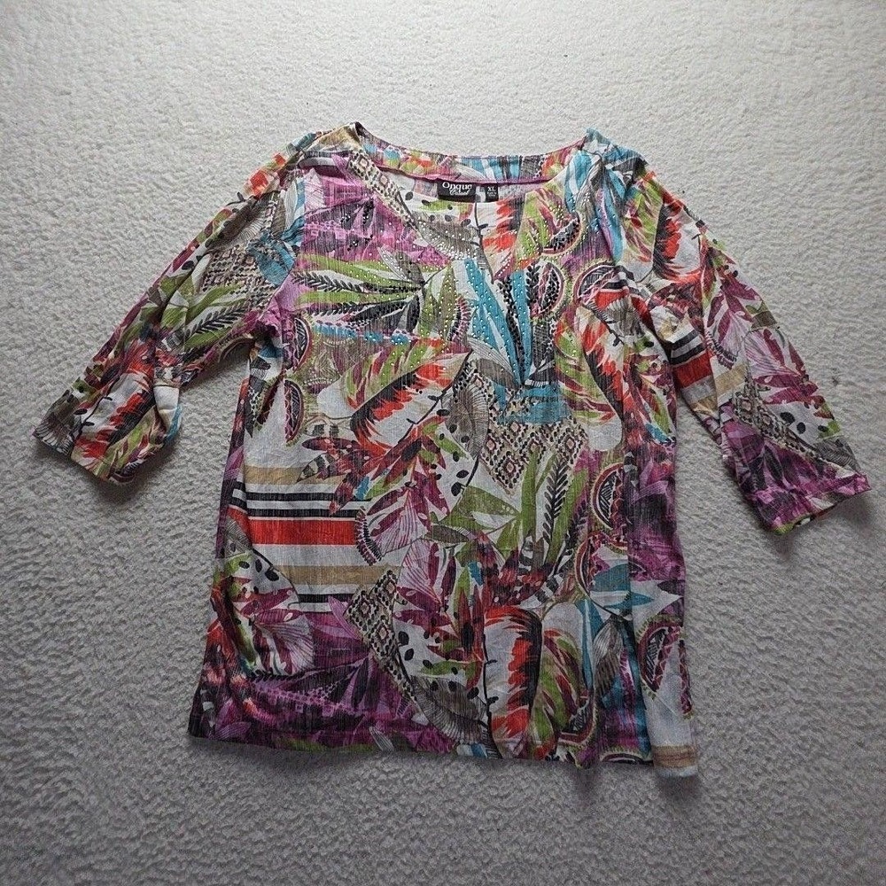 Onque Casual Shirt Womens XL Multicolor Scoop Neck 3/4 Sleeve Tropical Top